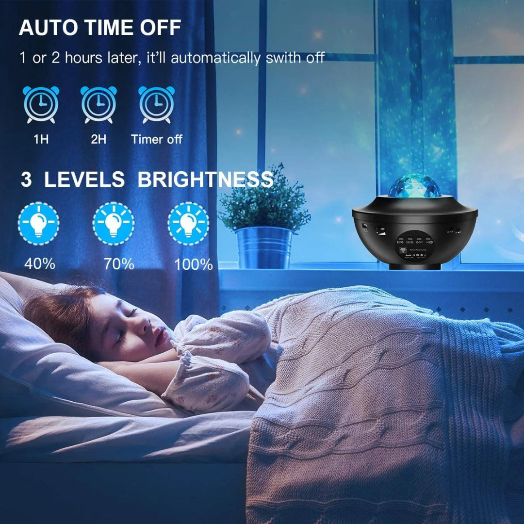 Sleep aid device with auto time off and brightness settings in a bedroom setting.