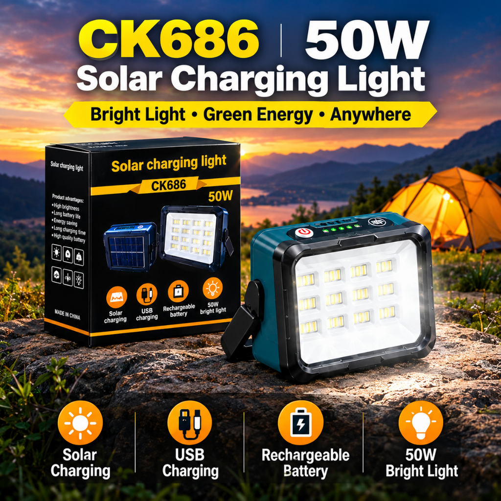A 50W solar charging light shown beside its retail box, with a camping scene in the background and feature icons along the bottom. The product itself is a rectangular LED light with a dark teal body, black mounting clip, and bright white front panel.