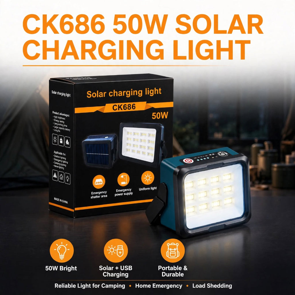 CK686 50W solar charging light shown next to its retail box on a dark outdoor-style background. The product is a square LED light with a dark teal/blue body and a bright white illuminated face, with orange text accents.