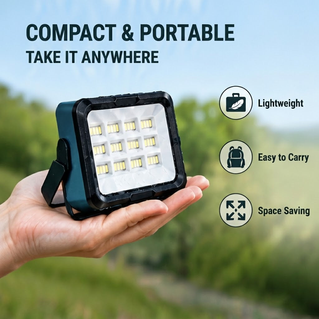 A hand holding a compact rectangular LED floodlight outdoors with a blurred green background. Text on the image reads 'COMPACT & PORTABLE TAKE IT ANYWHERE' with feature icons for 'Lightweight', 'Easy to Carry', and 'Space Saving'.