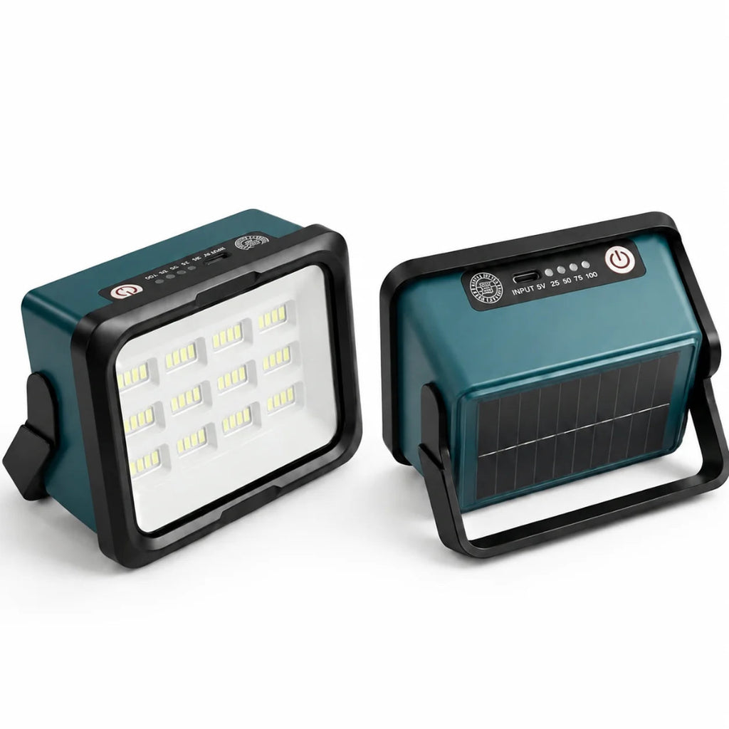 Two portable solar LED light/power banks shown on a clean white background, displaying both the front LED panel side and the back solar panel and control interface side.