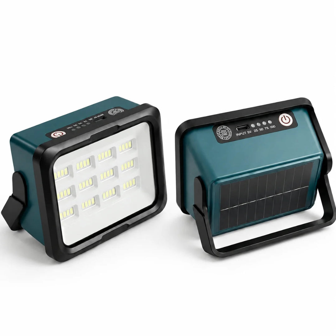 Two portable solar LED light/power banks shown on a clean white background, displaying both the front LED panel side and the back solar panel and control interface side.