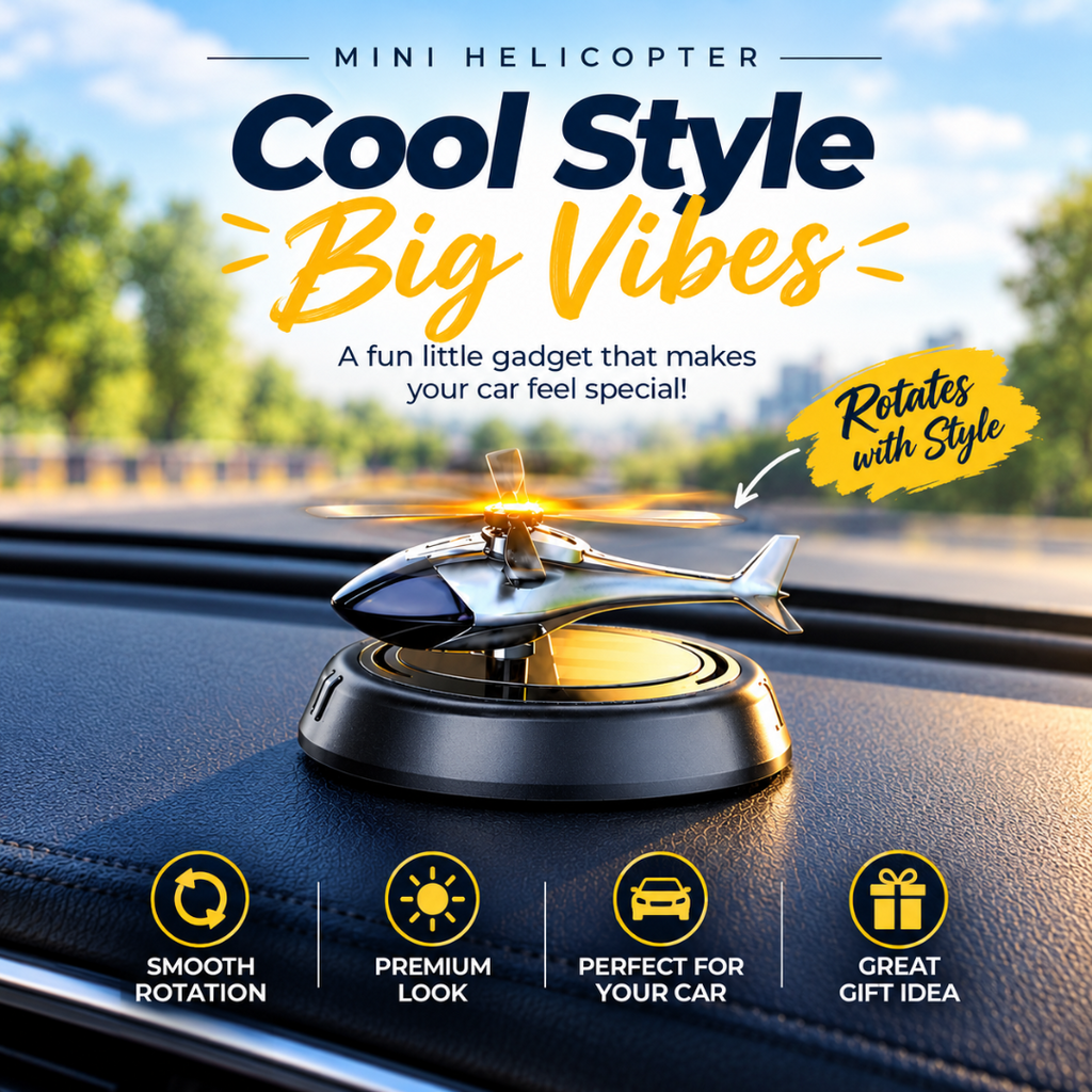A miniature helicopter car accessory displayed on a car dashboard, with promotional text reading 'Mini Helicopter Cool Style Big Vibes' and feature icons for smooth rotation, premium look, perfect for your car, and great gift idea.