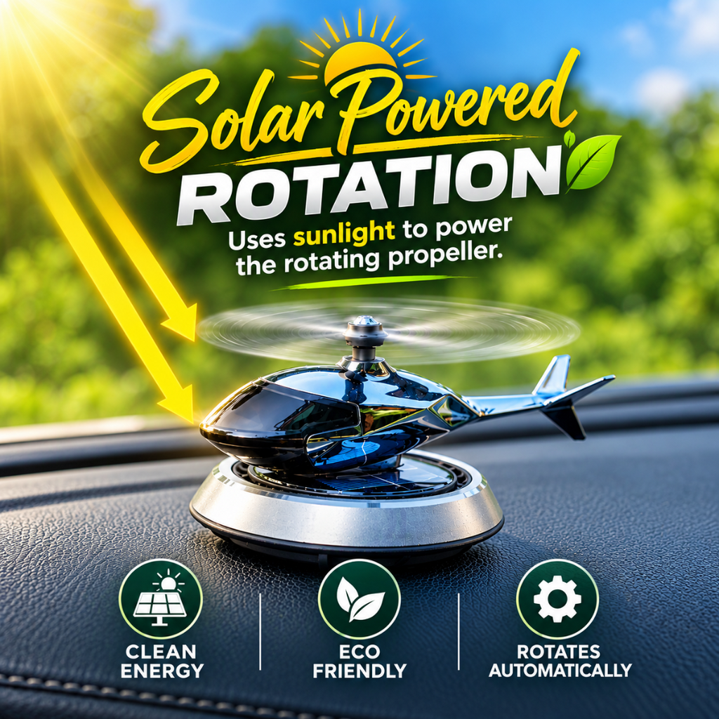 A solar-powered helicopter-shaped car air freshener on a suction cup base, shown on a car dashboard with a blurred outdoor background. The graphic includes text reading 'Solar Powered Rotation' and feature icons for clean energy, eco-friendly, and automatic rotation.