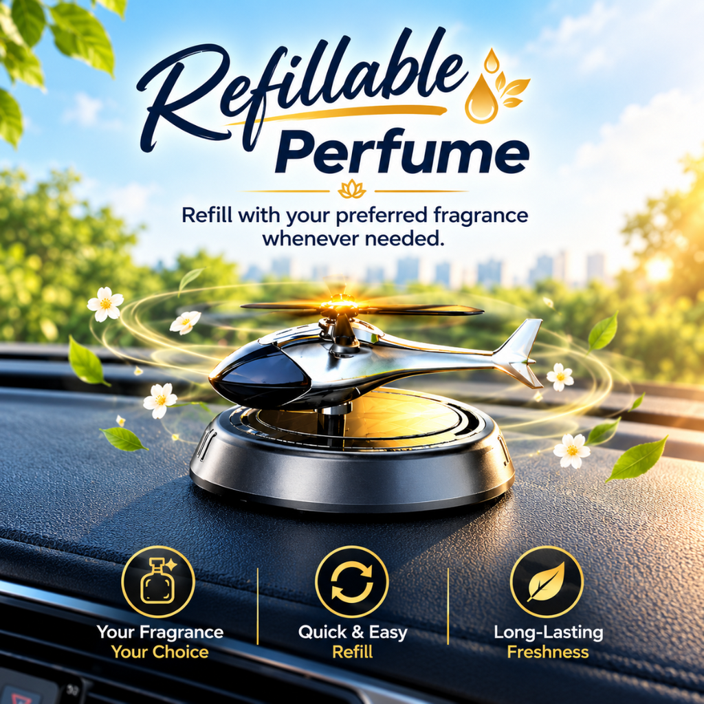 A helicopter-shaped car fragrance diffuser sits on a dashboard with a suction base. Large text at the top reads 'Refillable Perfume,' with smaller copy below and three feature icons at the bottom: 'Your Fragrance Your Choice,' 'Quick & Easy Refill,' and 'Long-Lasting Freshness.