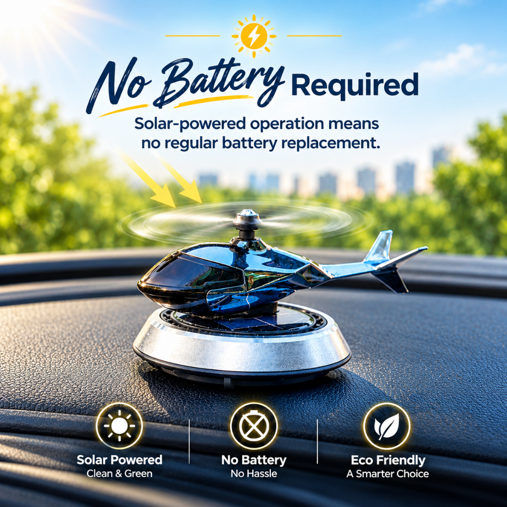 A solar-powered helicopter car accessory displayed on a dashboard with a suction cup mount. The graphic includes text overlays explaining that no battery is required and features three circular icons at the bottom highlighting solar power, no battery, and eco-friendly design.