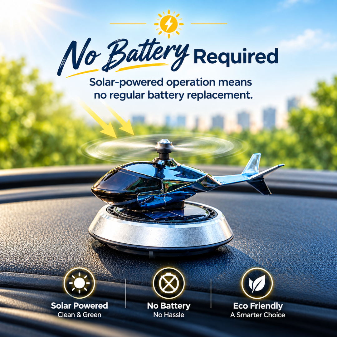 A solar-powered helicopter car accessory displayed on a dashboard with a suction cup mount. The graphic includes text overlays explaining that no battery is required and features three circular icons at the bottom highlighting solar power, no battery, and eco-friendly design.