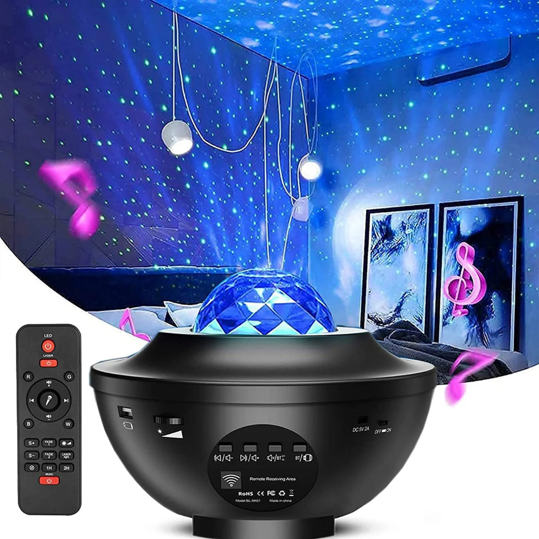Black Starry Sky Galaxy projector with remote control in a room setting