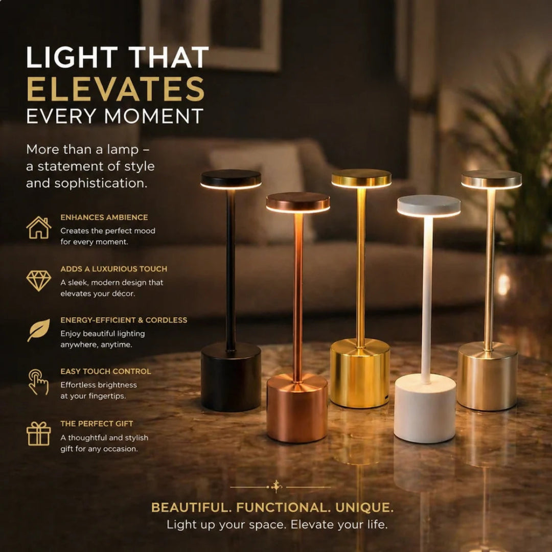 Table lamps in various colors with promotional text on a dark background