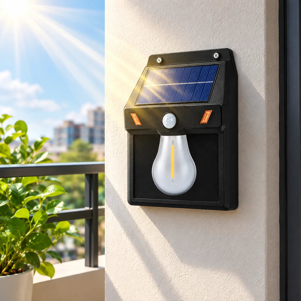A black solar-powered outdoor wall light with a built-in light bulb, mounted on a beige stucco wall next to a balcony with green plants and a sunny sky.