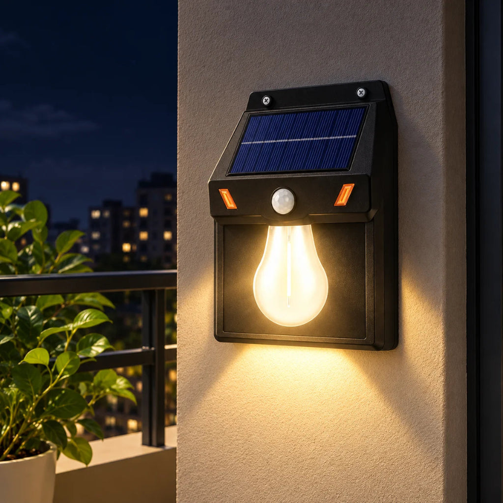 Solar-powered outdoor wall light mounted on a beige stucco wall at night, with a glowing bulb, a small motion sensor, and a dark blue solar panel on top. A balcony railing and green plants are visible in the background.