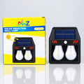 A solar induction wall lamp shown next to its yellow and white retail box. The lamp has a black body, a blue solar panel on top, and two white bulb-shaped light compartments with yellow LED strips.