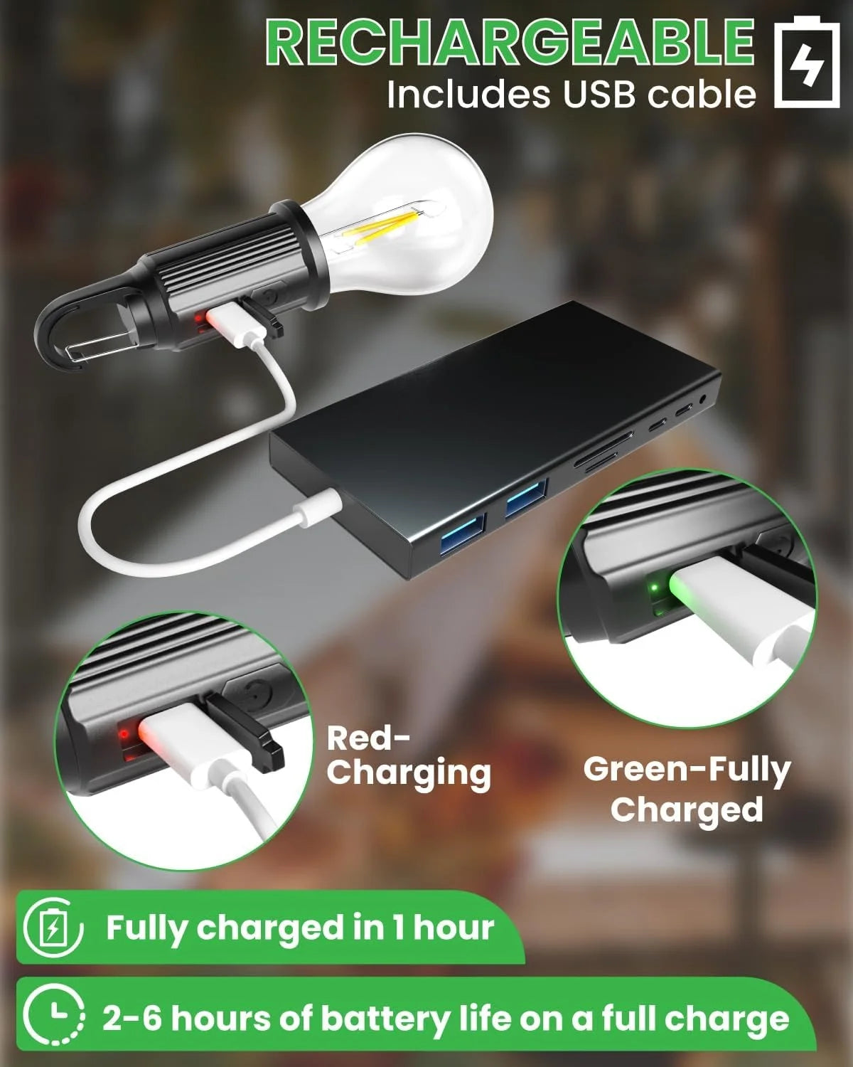 T01 Rechargeable Camping Lamp – USB Type-C LED Emergency Hanging Bulb Light | 3 Brightness Modes