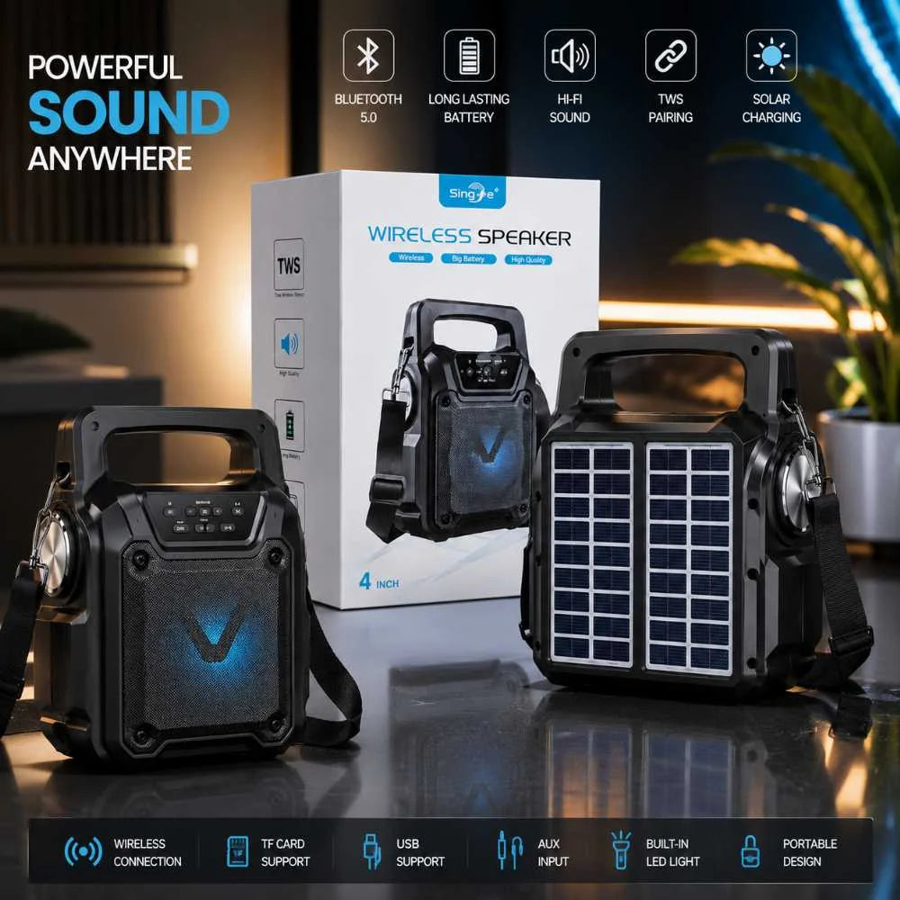 Portable Solar Wireless Bluetooth Speaker with LED Light, FM Radio & USB Rechargeable Outdoor Speaker