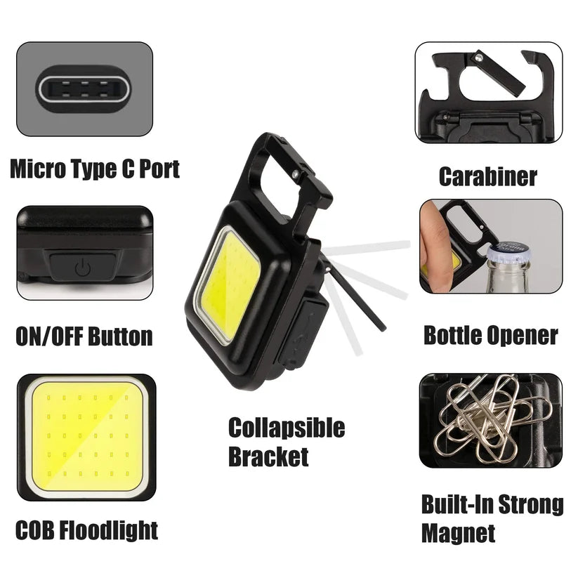 Rechargeable COB LED Keychain Light – Type-C charging - Mini Flashlight with Bottle Opener & Carabiner