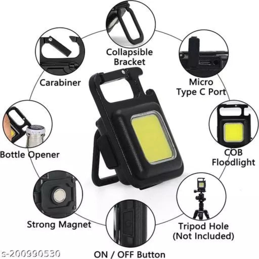 Black tactical LED floodlight with a built-in mounting bracket, shown in the center with circular callout diagrams around it highlighting features such as a carabiner, bottle opener, strong magnet, and tripod hole.