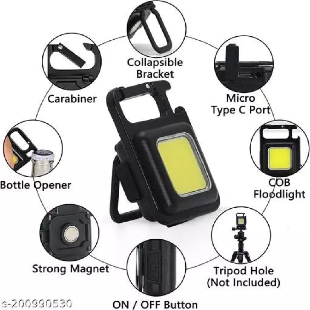 Black tactical LED floodlight with a built-in mounting bracket, shown in the center with circular callout diagrams around it highlighting features such as a carabiner, bottle opener, strong magnet, and tripod hole.