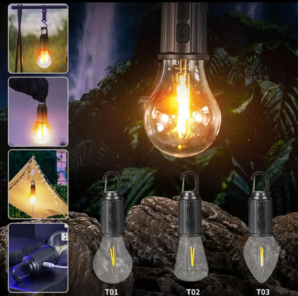 T01 Rechargeable Camping Lamp – USB Type-C LED Emergency Hanging Bulb Light | 3 Brightness Modes