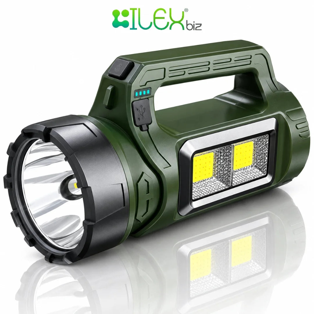 A tactical LED flashlight in olive green and black, featuring a built-in handle, a large front lens, and two bright yellow LED light panels on the side. The ILEX biz logo is visible at the top of the image.
