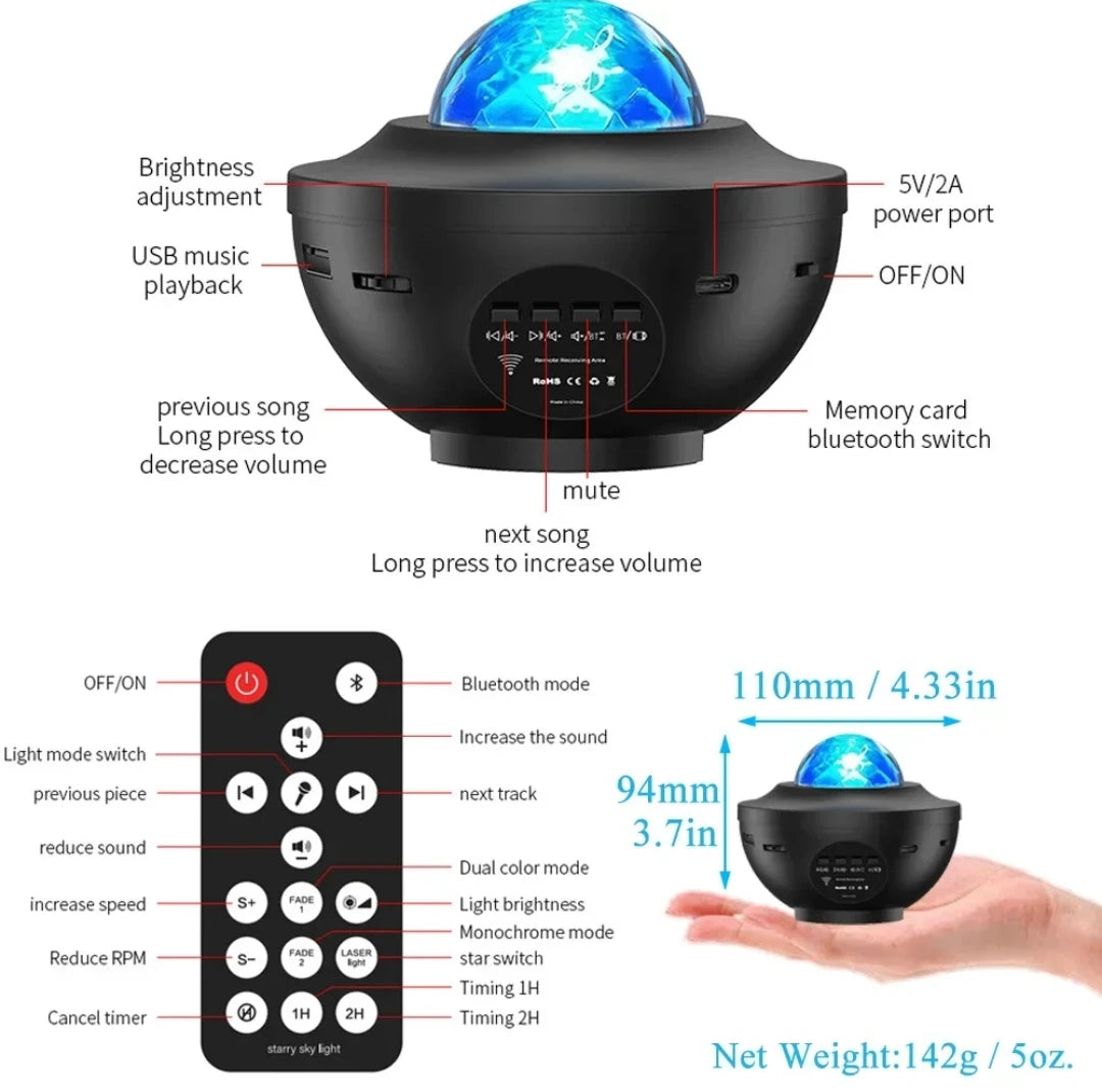 Black round DJ disco ball projector with a blue globe light, shown with a remote control, dimension measurements (110mm x 94mm), feature callouts, and a hand holding the product.