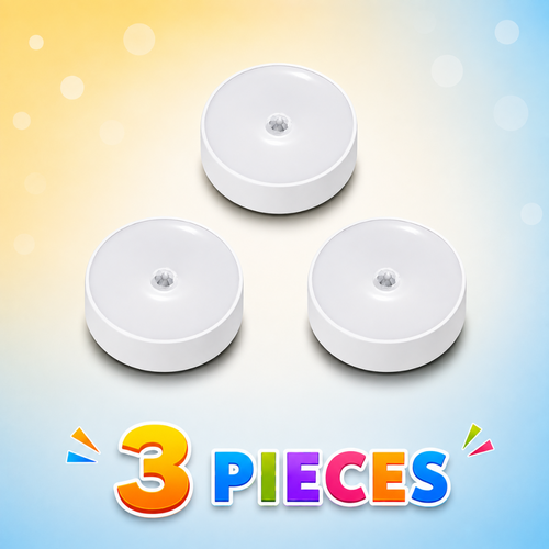 Three white circular smart light bulbs arranged in a triangle on a pastel gradient background with bokeh effects and a colorful '3 PIECES' text overlay at the bottom.