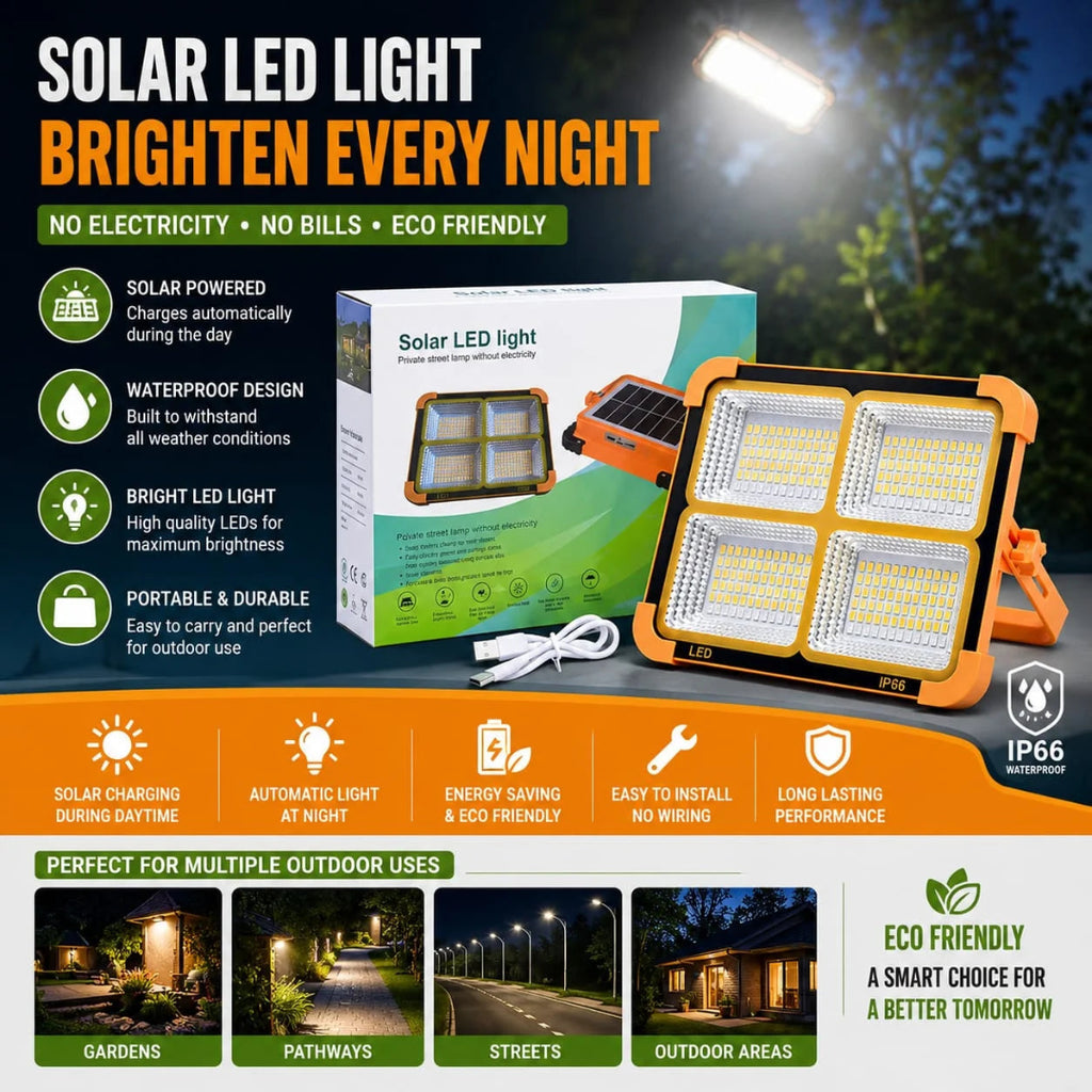 Solar LED light fixture with an orange and black housing, shown next to its retail box on a promotional graphic background. The ad includes text highlighting features like solar powered charging, waterproof design, bright LED light, and portability, along with outdoor use examples.