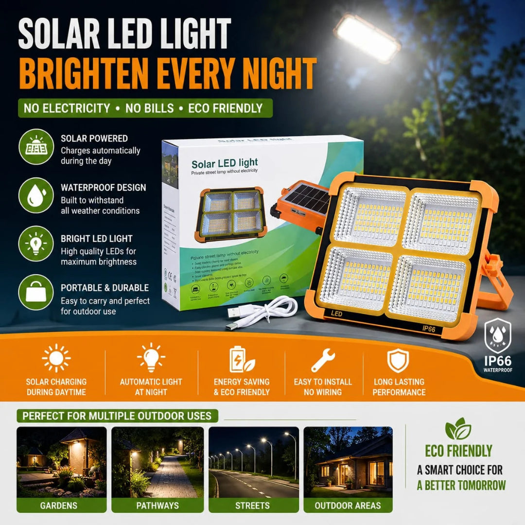 Solar LED light fixture with an orange and black housing, shown next to its retail box on a promotional graphic background. The ad includes text highlighting features like solar powered charging, waterproof design, bright LED light, and portability, along with outdoor use examples.