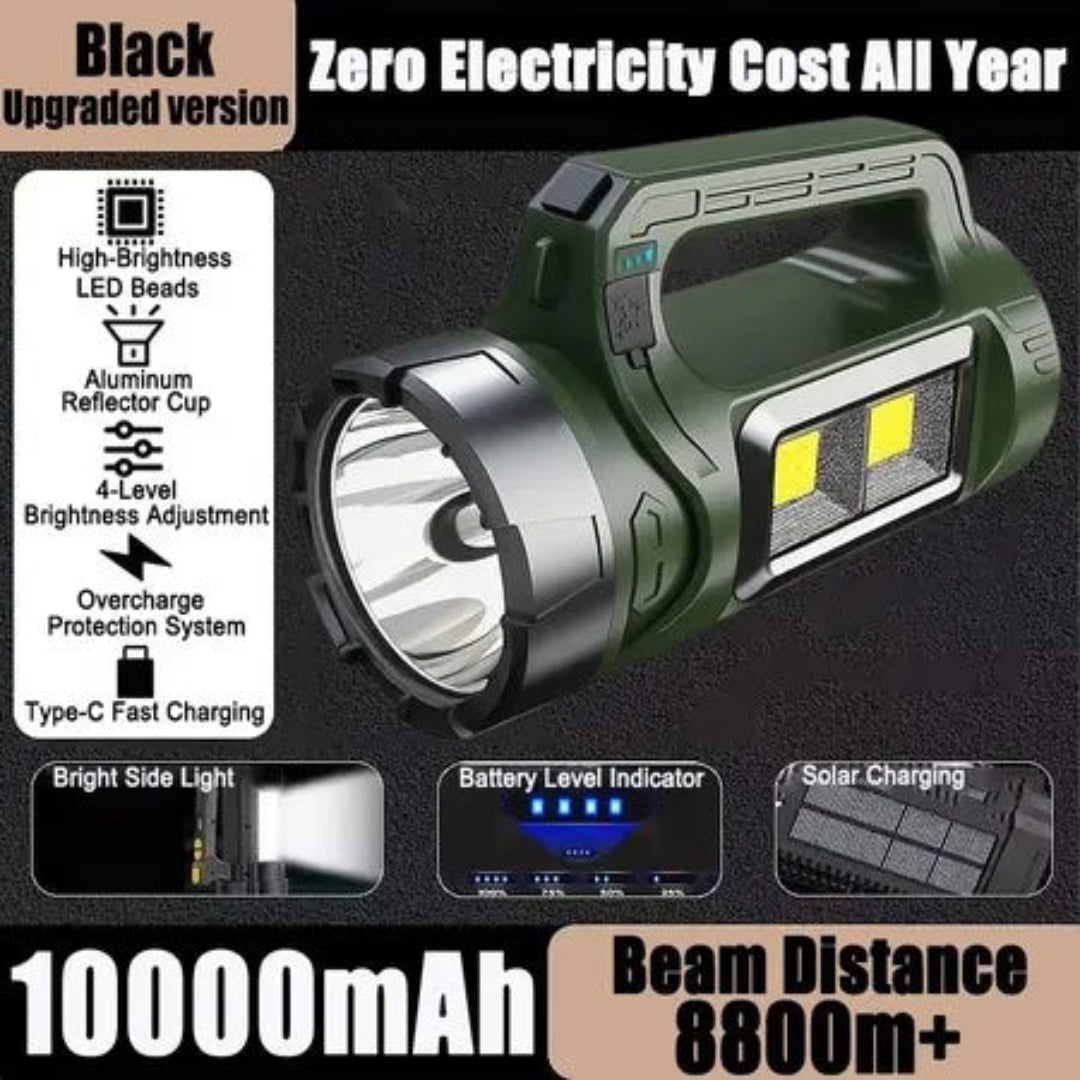 A promotional product graphic for a handheld flashlight. The flashlight is shown at an angle on a dark background, with large marketing text around it including 'Black Upgraded version', 'Zero Electricity Cost All Year', '10000mAh', and 'Beam Distance 8800m+'.