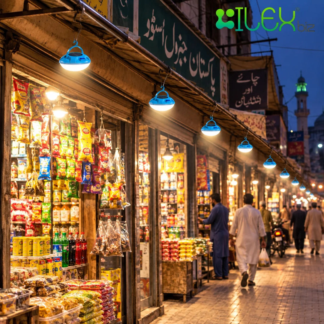 A bustling evening street market scene with multiple small shops lining the road, brightly lit by hanging blue globe lights. The storefronts are filled with colorful packaged snacks, drinks, and goods, and several pedestrians walk along the paved street.