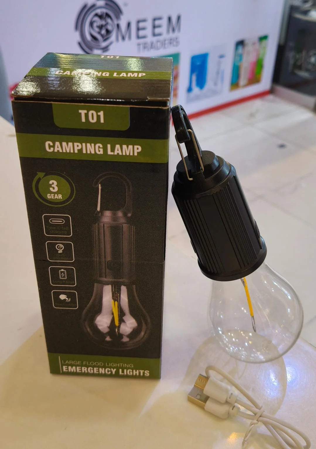 T01 Rechargeable Camping Lamp – USB Type-C LED Emergency Hanging Bulb Light | 3 Brightness Modes