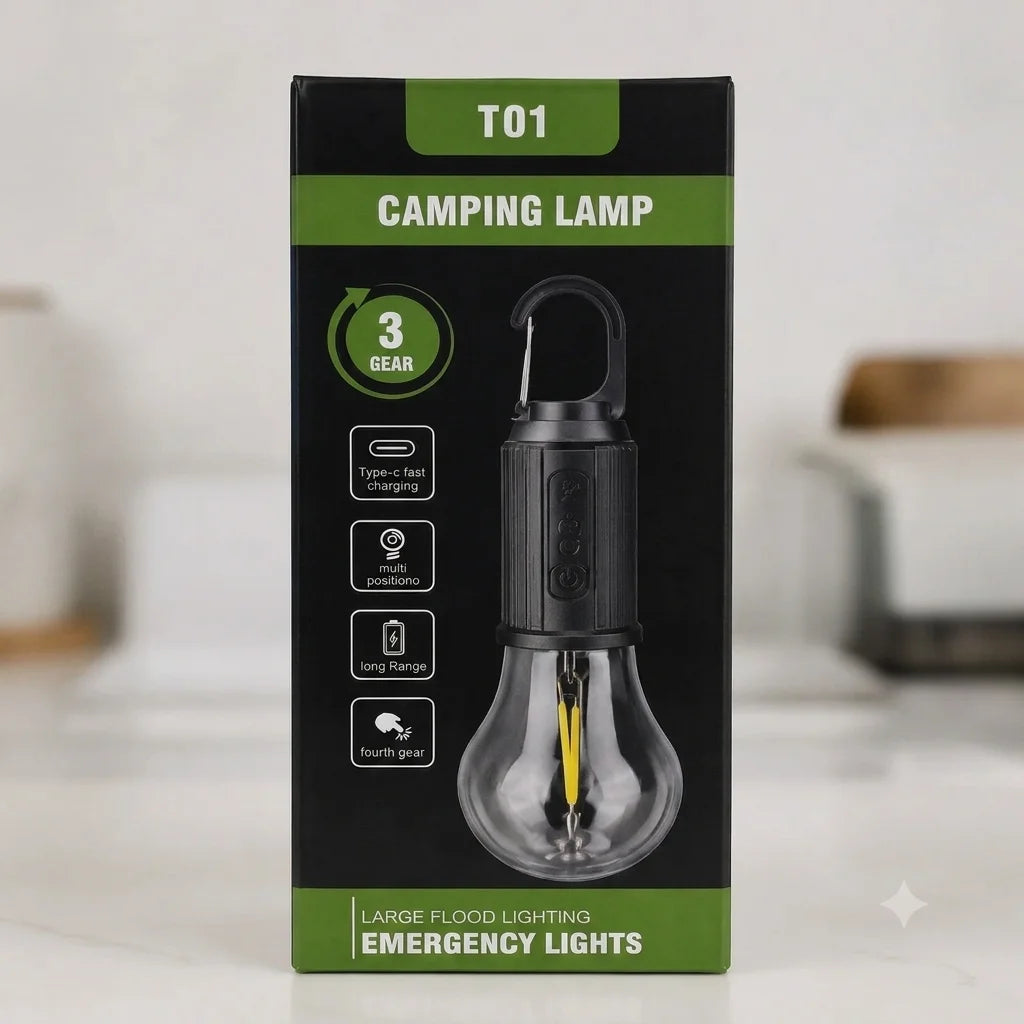 T01 Rechargeable Camping Lamp – USB Type-C LED Emergency Hanging Bulb Light | 3 Brightness Modes