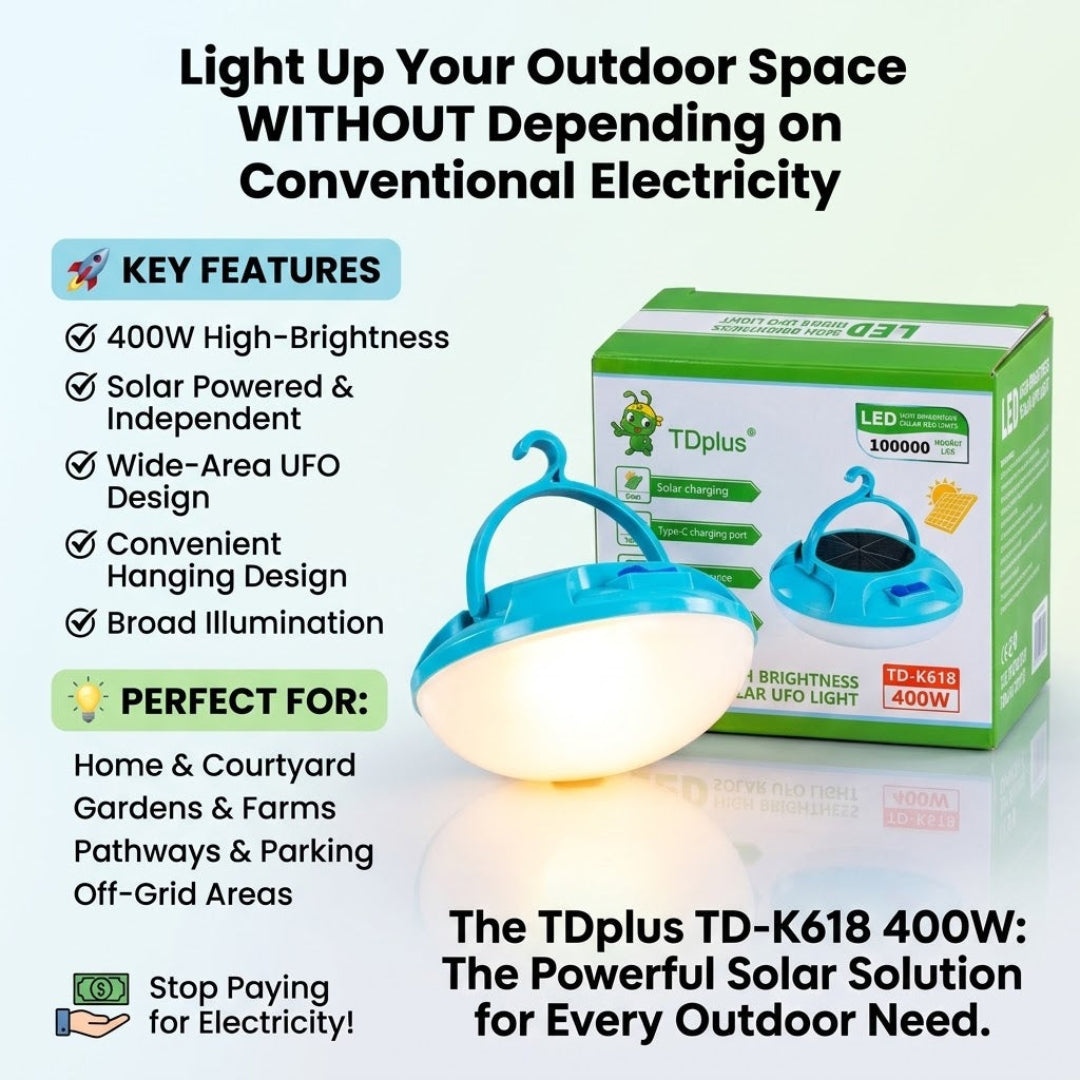 A solar-powered hanging outdoor light shown next to its green and white retail box, with marketing text highlighting key features like solar independence, wide-area coverage, and suitability for gardens and pathways.