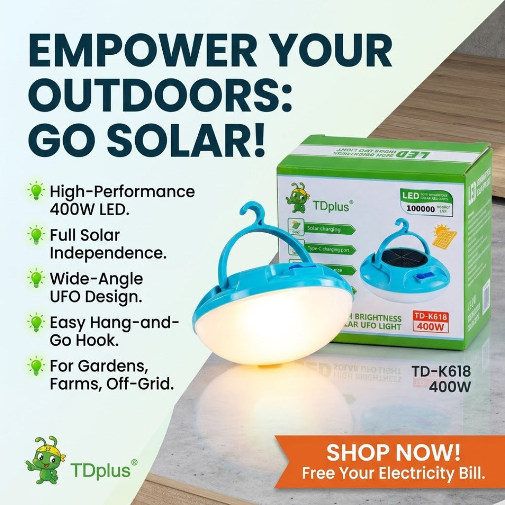 A solar-powered outdoor LED light in blue and white, shown next to its green and white TDplus retail box on a light countertop. The left side features promotional text reading 'EMPOWER YOUR OUTDOORS: GO SOLAR!' with bullet points about high performance, solar independence, wide-angle design, and use cases like gardens and farms.