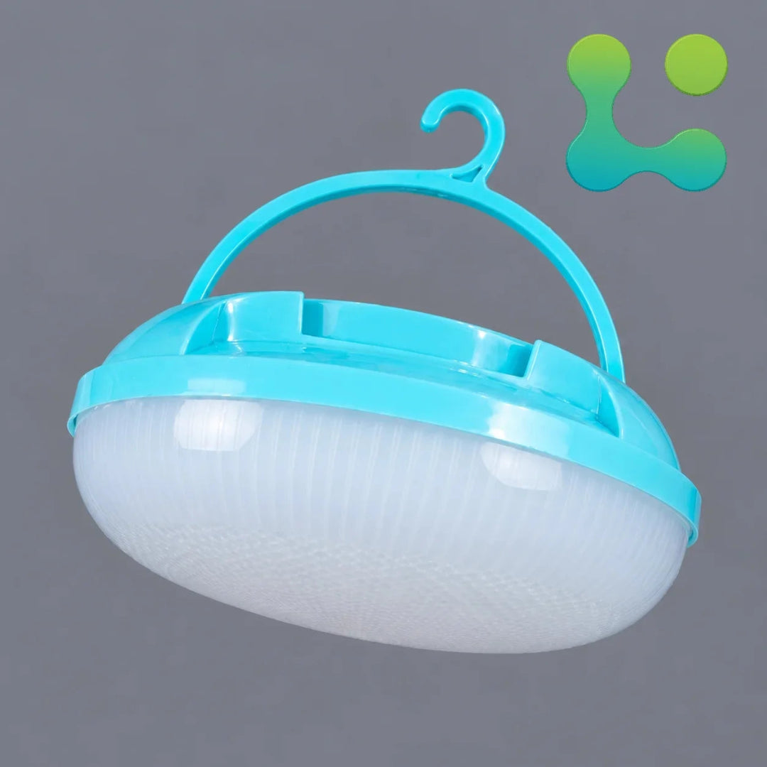 A portable hanging light with a translucent white ribbed dome shade and a bright cyan plastic handle and rim, shown against a plain gray background. A small green-to-blue gradient logo appears in the top-right corner.