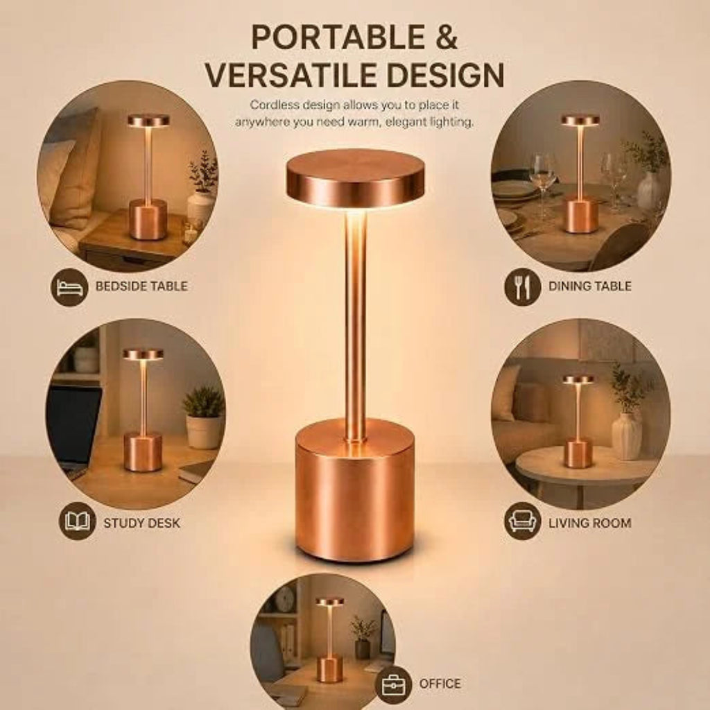 A portable copper-colored table lamp with a cylindrical base and slim stem,  five circular inset scenes demonstrating use in bedside, dining, study, living room, and office settings.