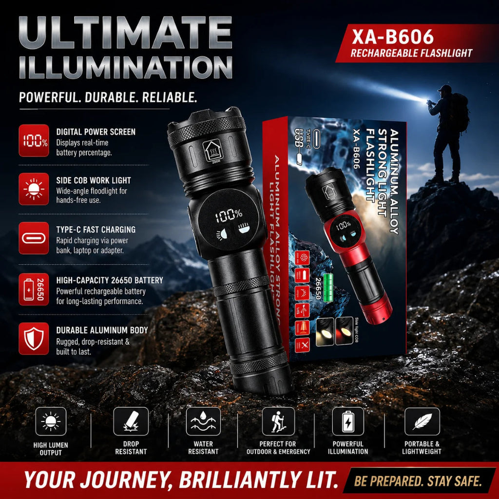 Black and red XA-B606 rechargeable flashlight with its retail box, displayed on a dark rocky background with promotional text and feature icons.
