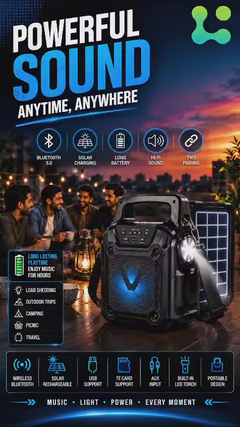 Portable Solar Wireless Bluetooth Speaker with LED Light, FM Radio & USB Rechargeable Outdoor Speaker